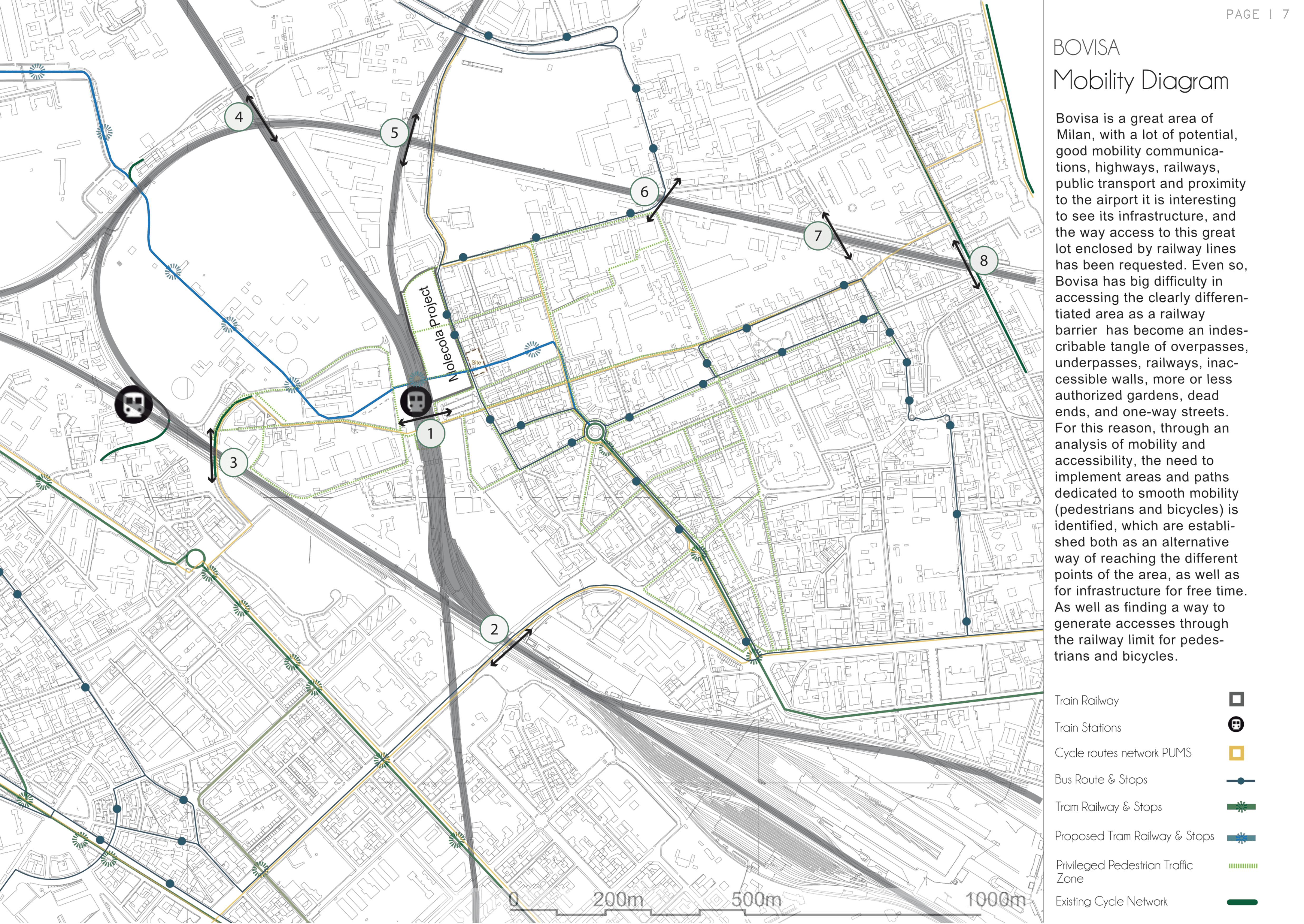 Bovisa's mobility analysis — existing tram and rail infrastructure, cycling gaps, and pedestrian desire lines across the district
